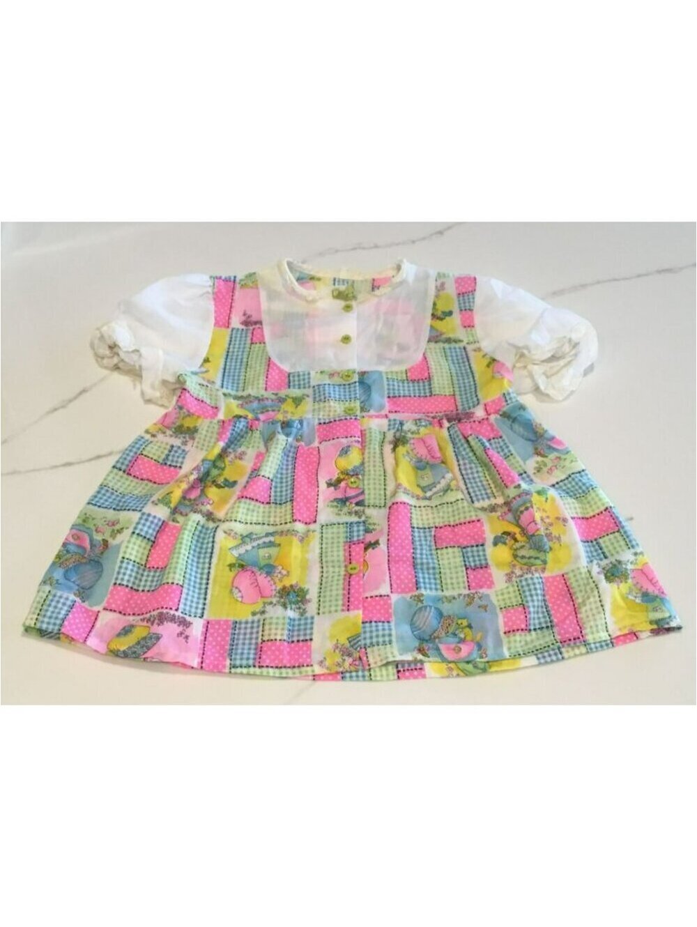 Vintage Kid Dudz Baby / Toddler Girl's Patchwork Print Dress W/ Accents